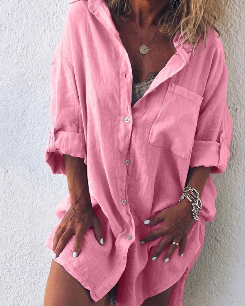 

Casual Solid Color Roll Up Sleeve Shirt