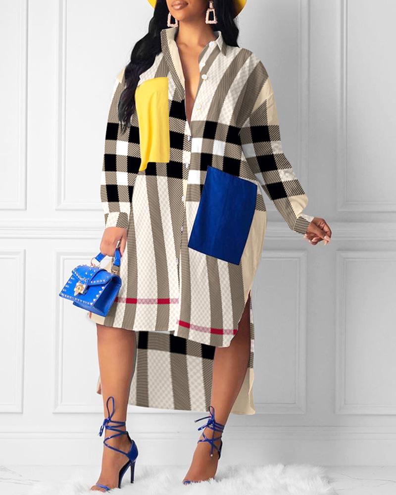 

Colorful Print Buttoned Dip Hem Shirt Dress, Brown
