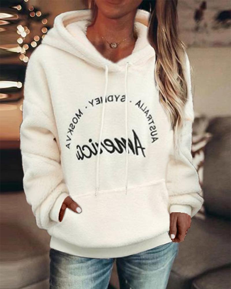 

Letter Pattern Pocket Design Teddy Hoodie, White