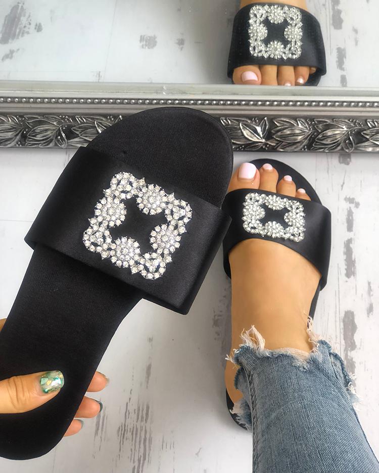 

Shiny Embellished Peep Toe Flat Sandals, Black