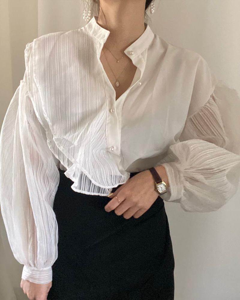 

Lantern Sleeve Sheer Mesh Top, White