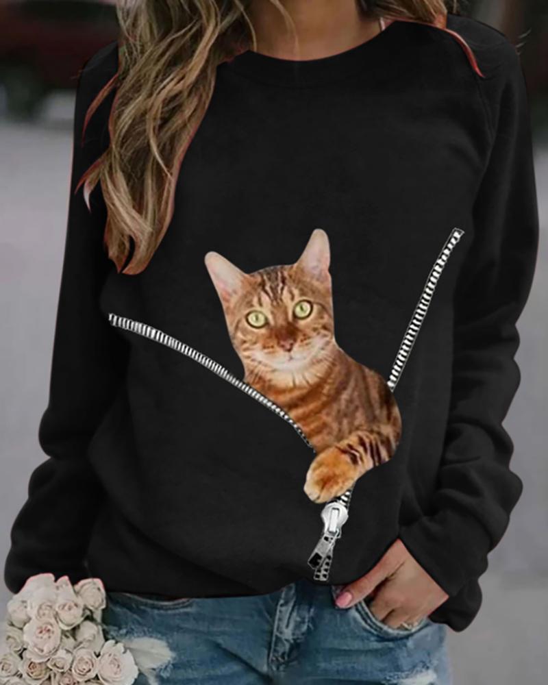 

Cat Print Zipper Front Casual Sweatshirt, Black