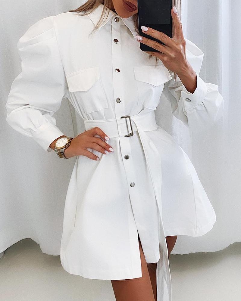 

Leg-of-Mutton Sleeve Buttoned Shirt Dress