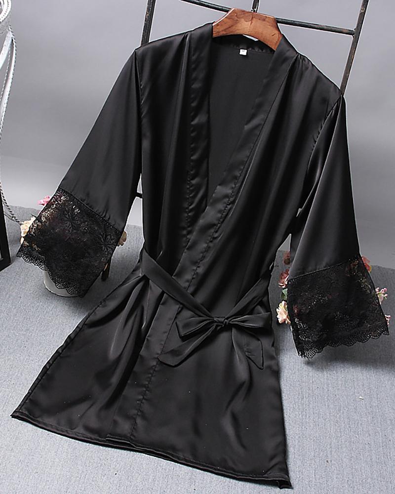 

Solid Open Front Long Sleeve Robe, Black