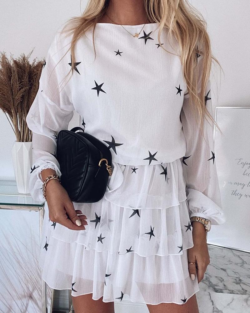 

Star Print Mesh Long Sleeve Layered Dress, White