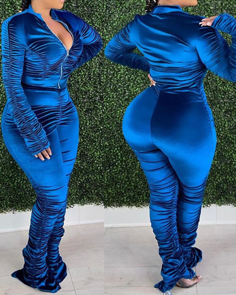 

Velvet Ruched Top & Slit Pants Set, Blue