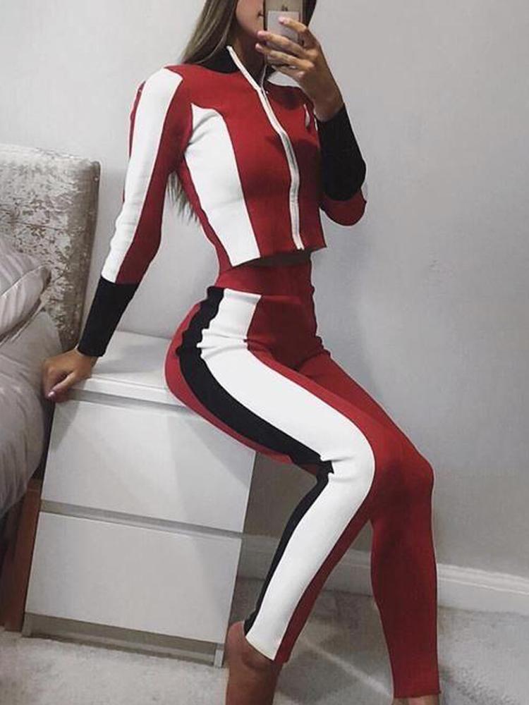 

Contrast Color Long Sleeve Zipper Tracksuit, Red