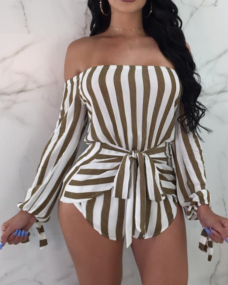 

Sexy Off Shoulder Striped Belted Playsuit, White