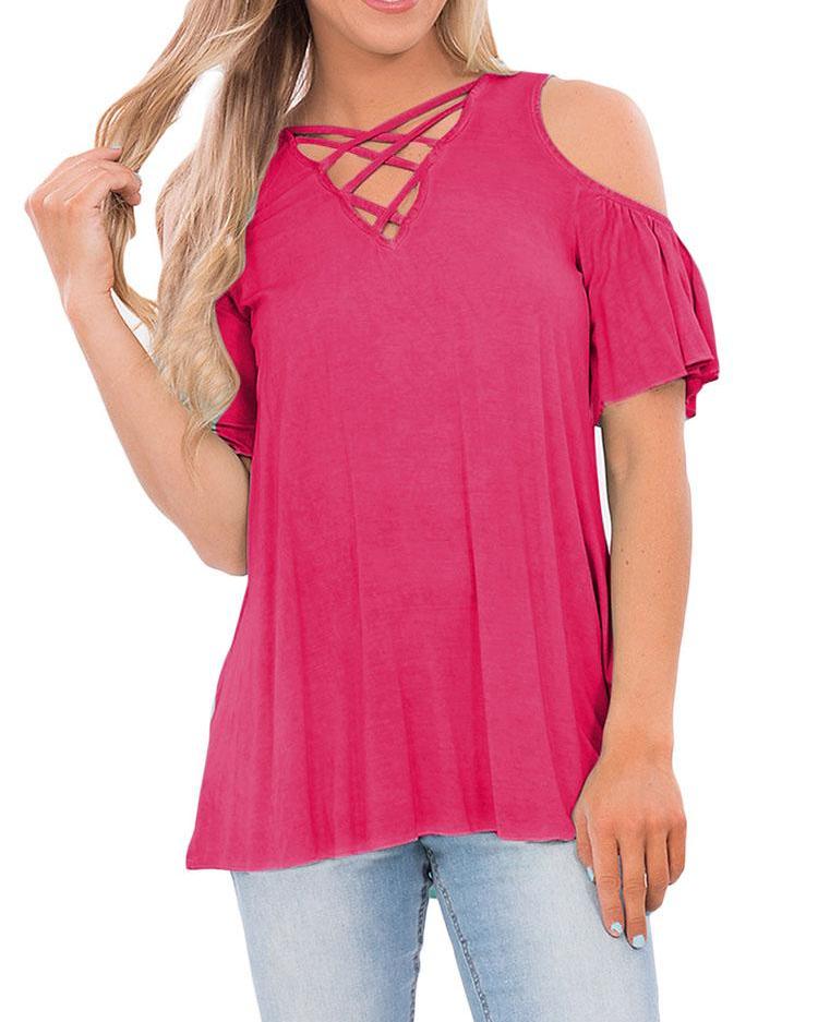 

Sexy Crisscross Front Cold Shoulder Ruffled Top, Green;blue;black;hot pink