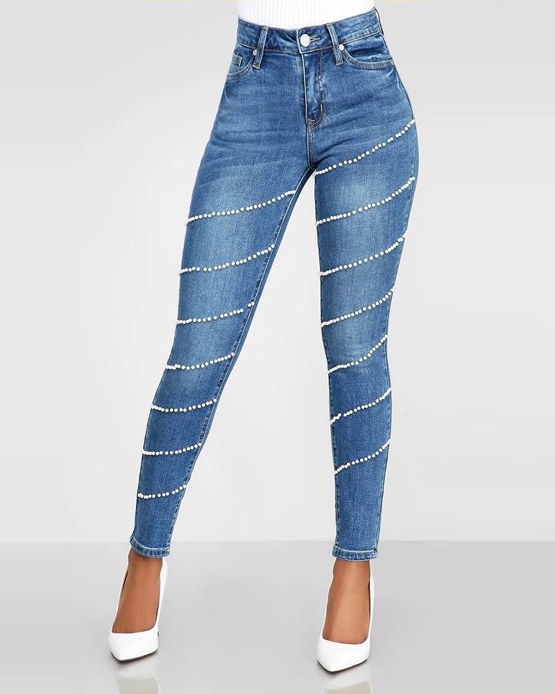 

High Waist Beaded Casual Jeans, Blue