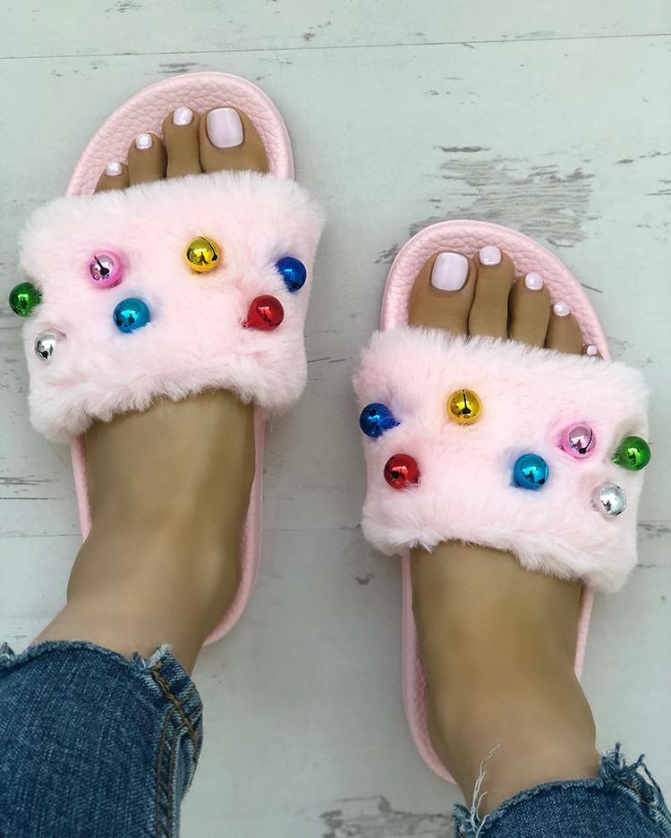 

Furry Bell Embellished Open Toe Flat Slippers, Black