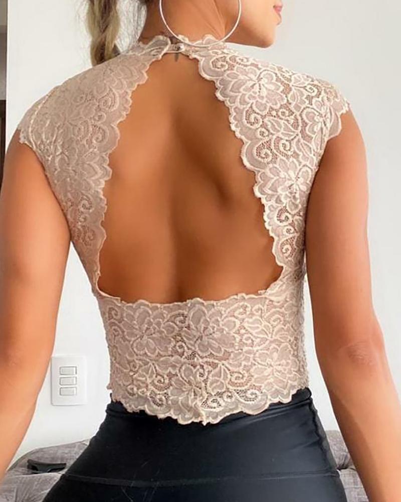 

Cutout Backless Lace Trim Crop Top, Apricot