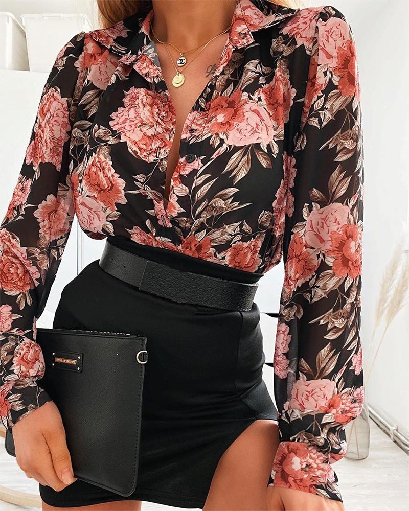 

Floral Print Button Front Chiffon Top, Multicolor