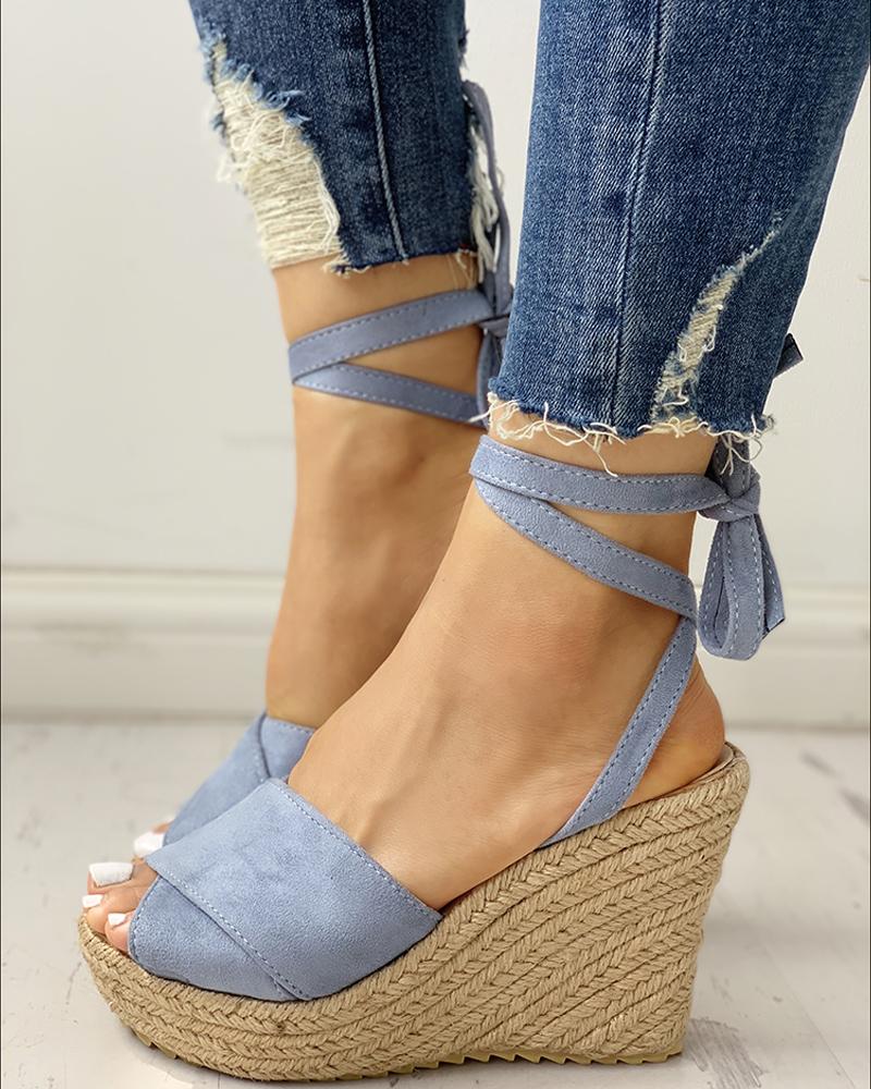 

Crisscross Ankle Tied Espadrille Platform Sandals, Blue