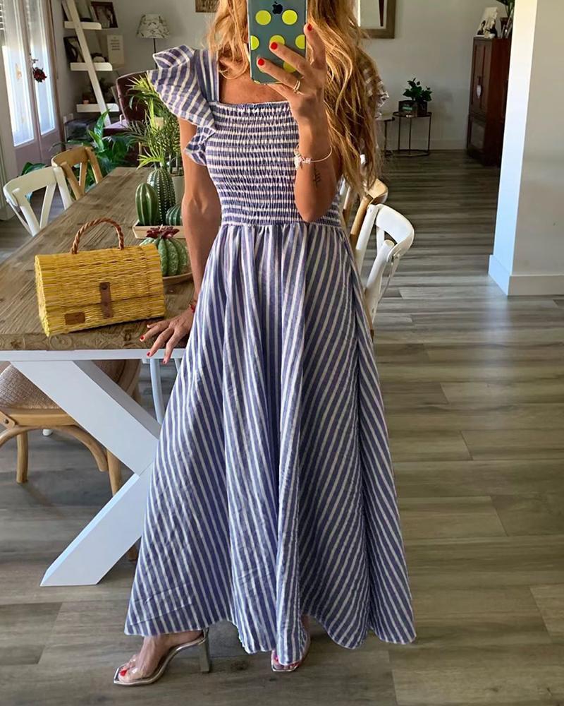 

Striped Flutter Sleeve Shirring Maxi Dress, Sky blue