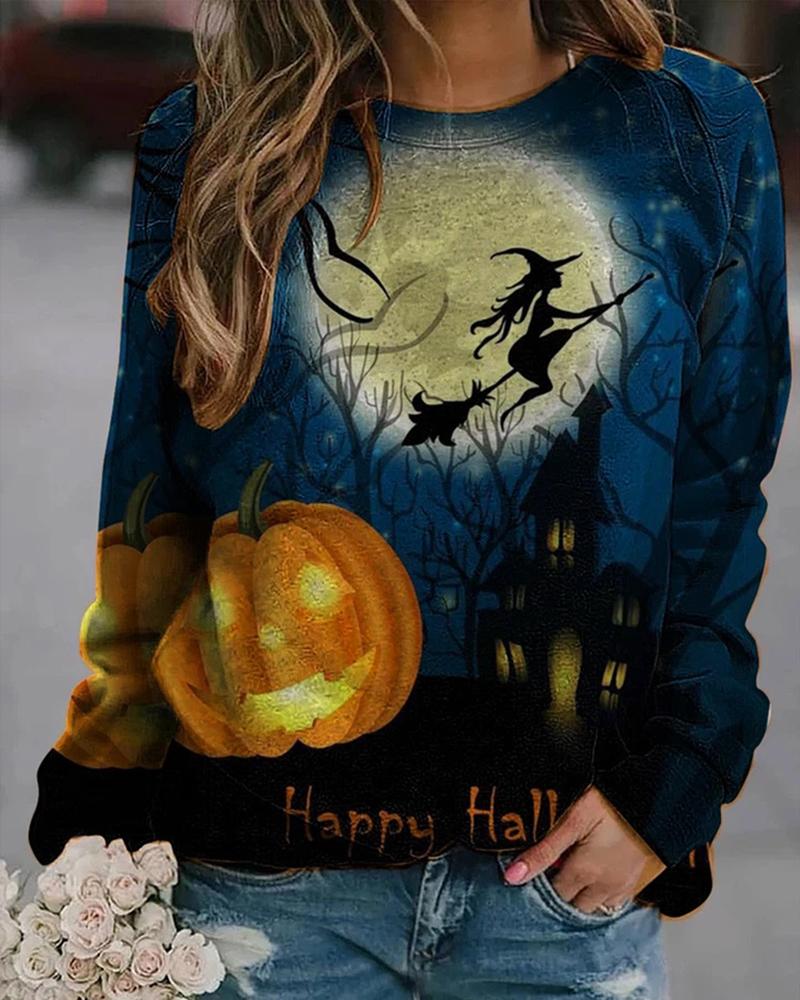 

Halloween Pumpkin Castle Print Colorblock Sweatshirt, Dark blue