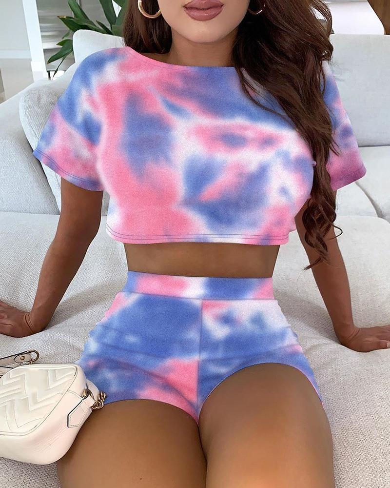 

Tie Dye Print Short Sleeve Top & High Waist Shorts Set, Blue