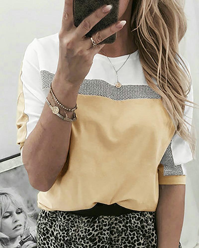 

Round Neck Colorblock Half Sleeve Blouse, Khaki