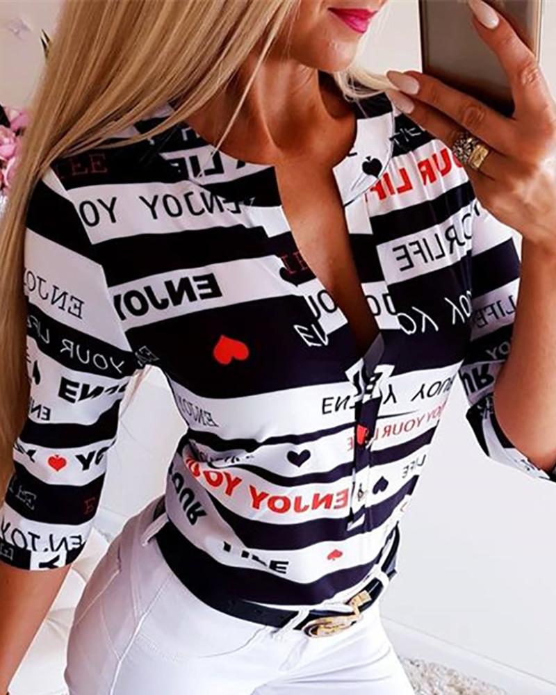 

Letter Print V-Neck Striped Casual Top, Black