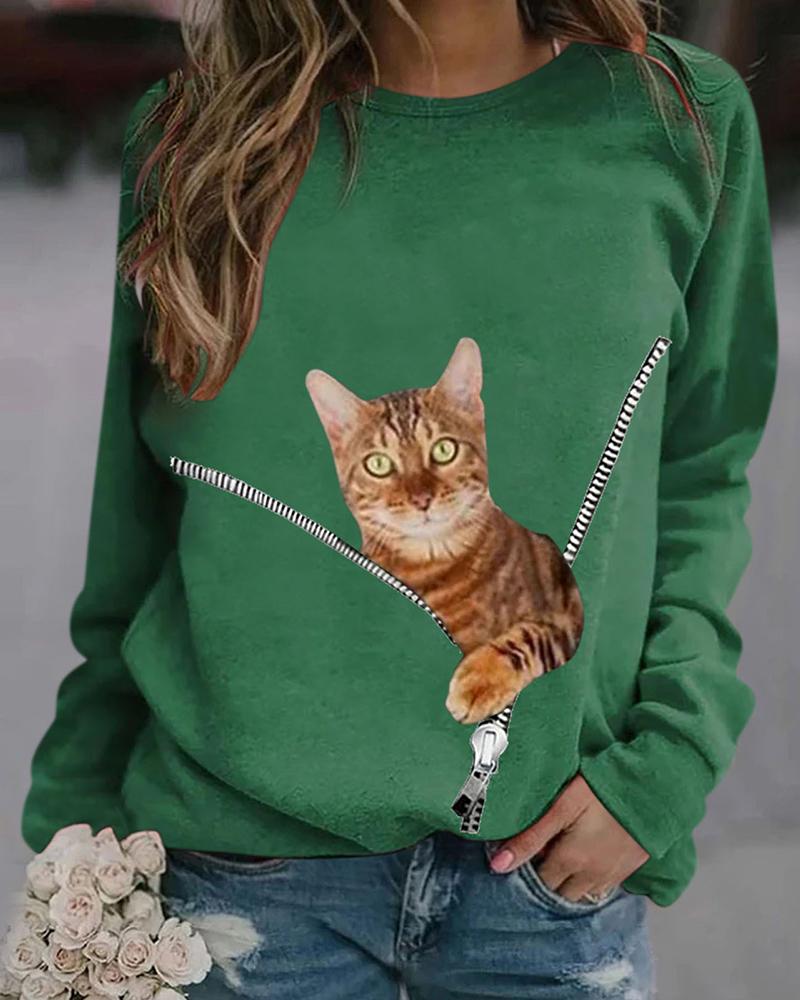 

Cat Print Zipper Front Casual Sweatshirt, Green