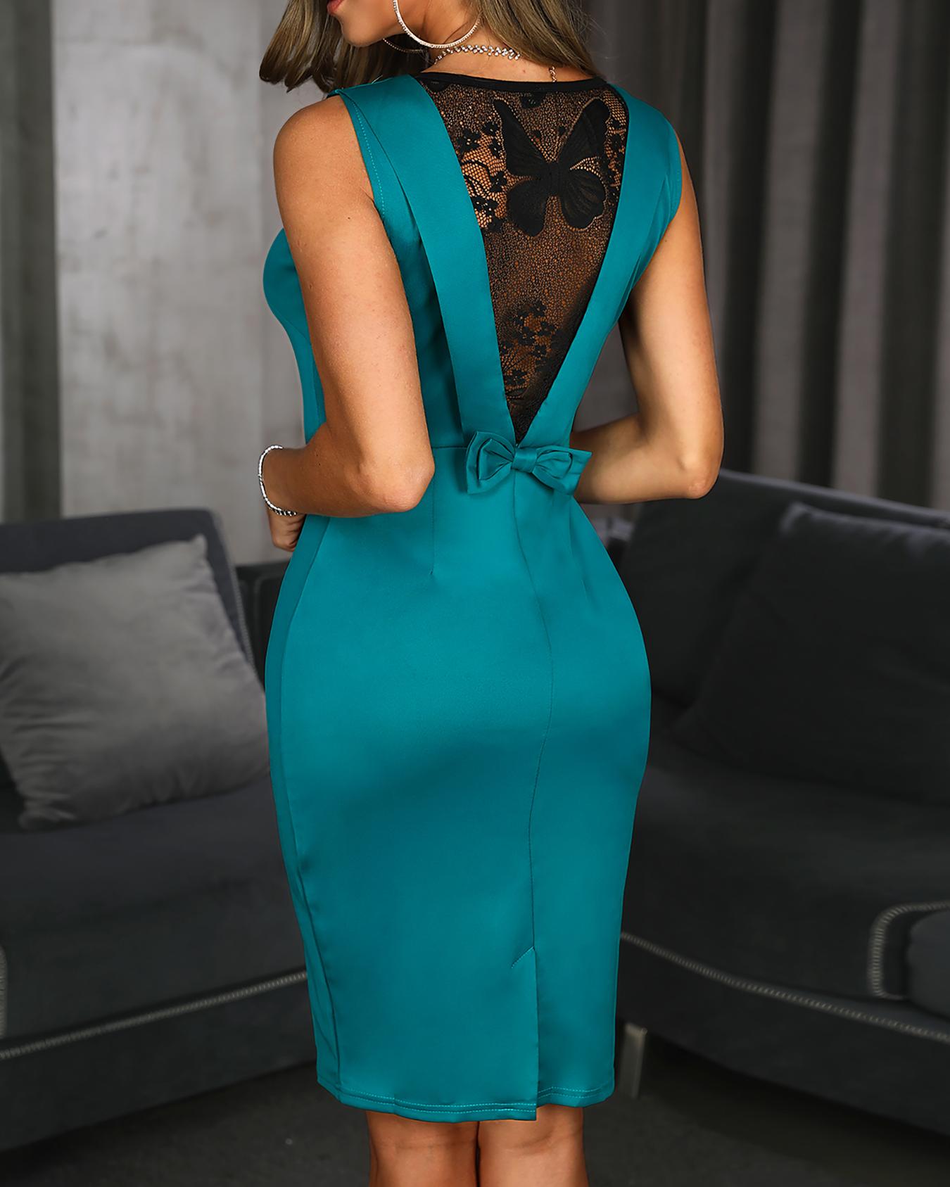 

Lace Insert Bowknot Back Bodycon Dress, Green