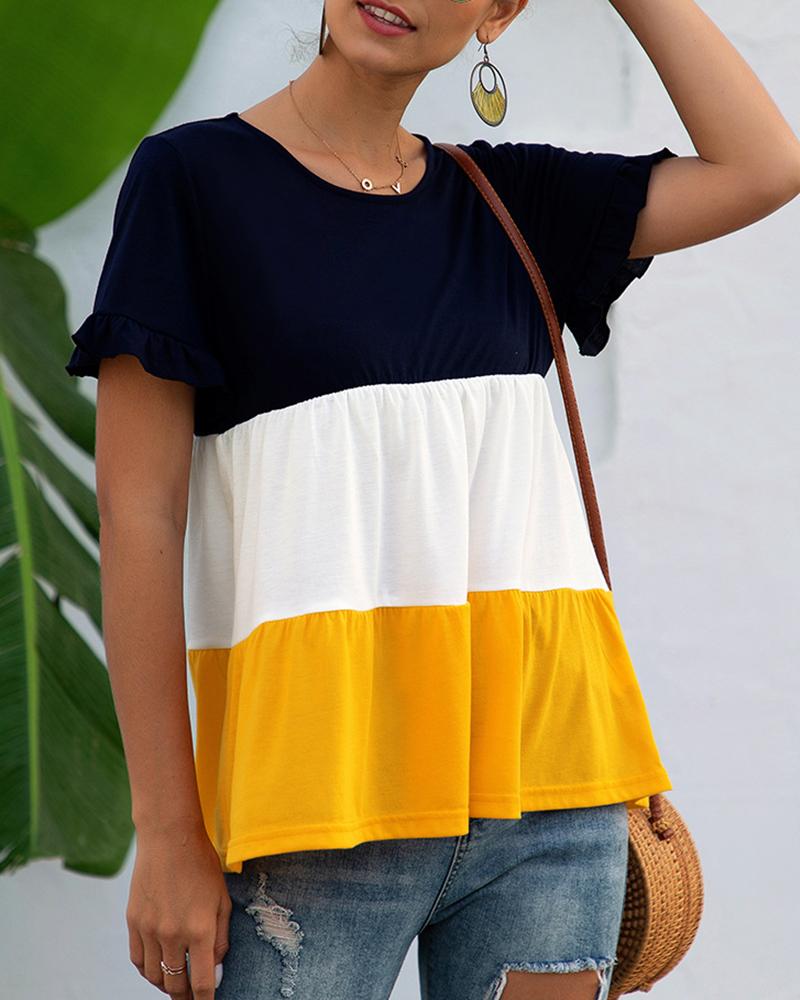 

Colorblock Round Neck Casual T-Shirt, Yellow
