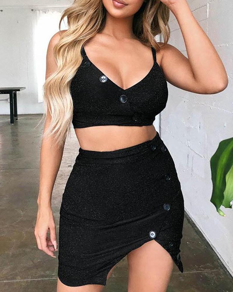 

Spaghetti Strap Plain Crop Top & Slit Skirt Set, Black