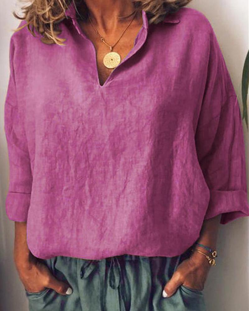 

Cotton and Linen Long Sleeve Loose V-neck Shirt, Hot pink