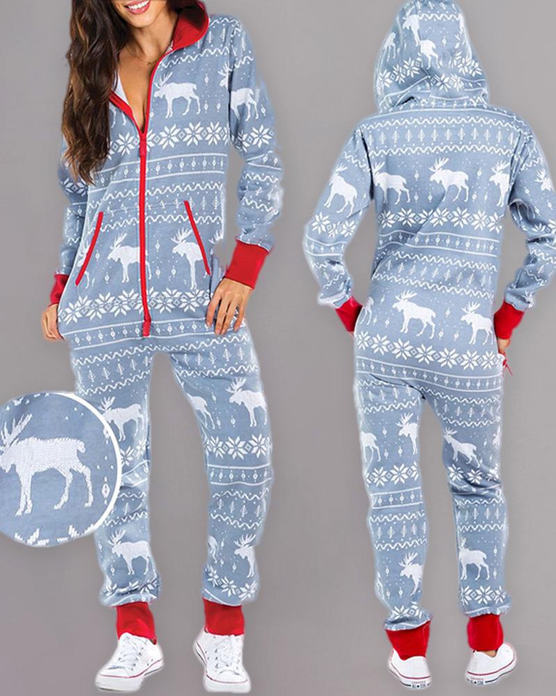 

Christmas Hooded Long Sleeve Casual Jumpsuit, Gray