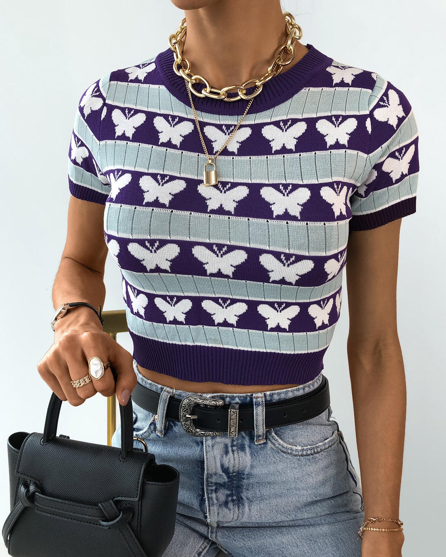 

Butterfly Colorblock Knit Casual Top, Purple