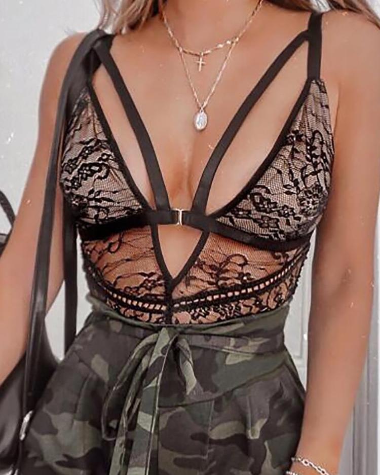

Sheer Mesh Spaghetti Strap Teddy Bodysuit, Black