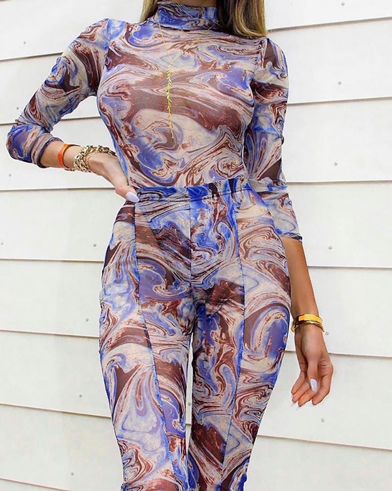 

Tie Dye Print Bodysuit & Slit Pants Set, Multicolor