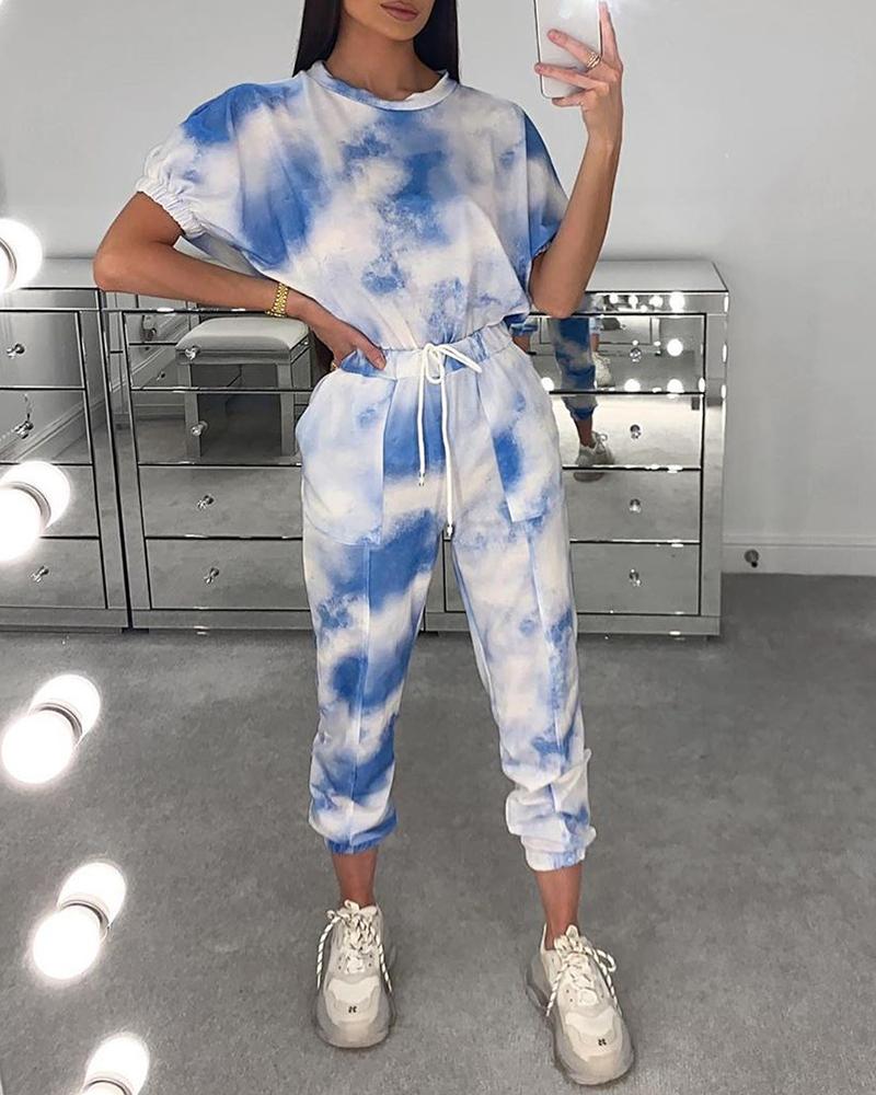 

Tie Dye Print Drawstring Top & Pants Set, Blue