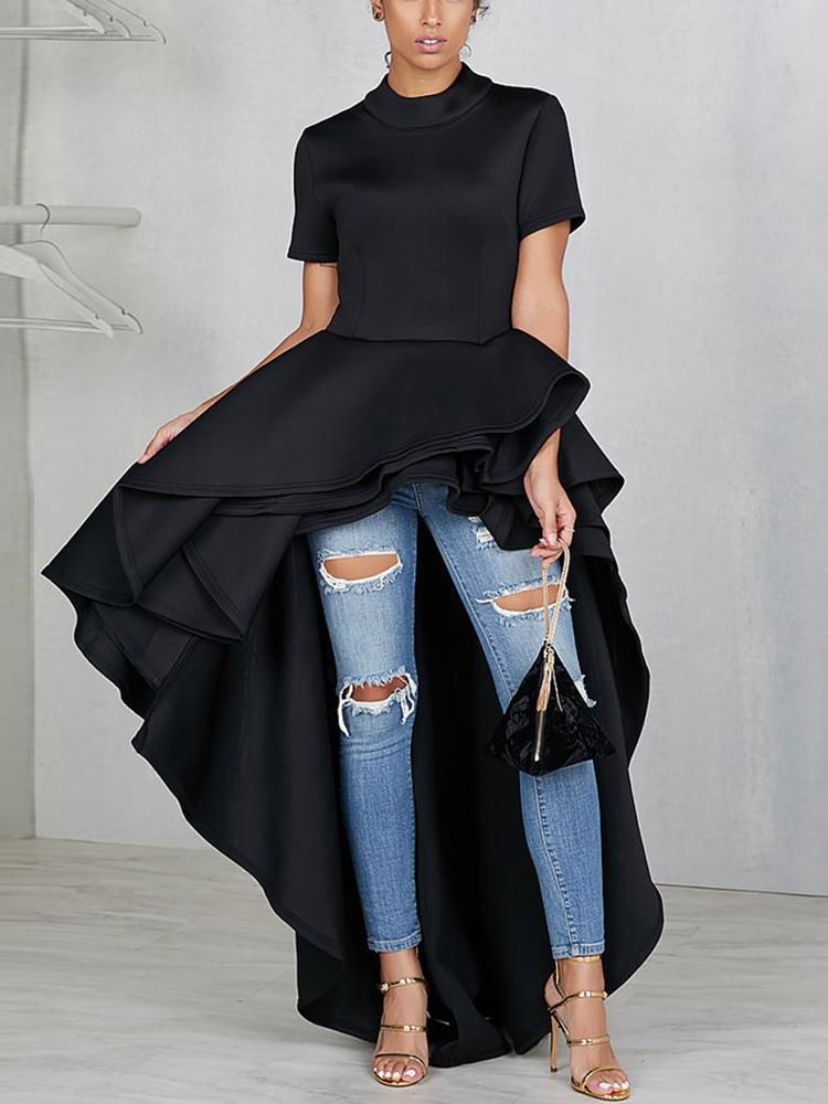 

Flounce Dip Hem Irregular Casual Dress - Black