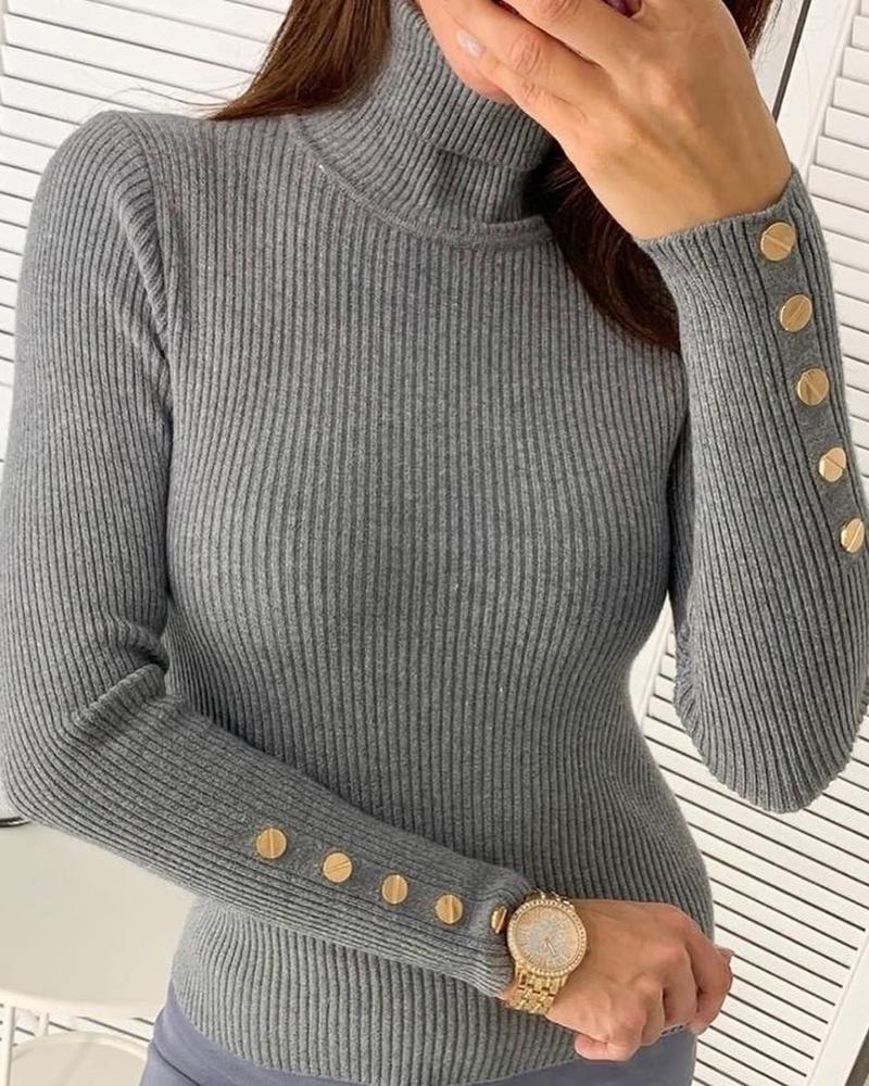 

Solid Long Sleeve Buttoned Detail Sweater, Gray