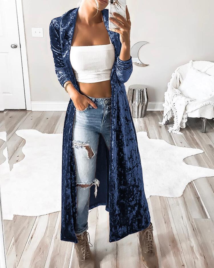 

Solid Color Velvet Long Cardigan Coat, Blue
