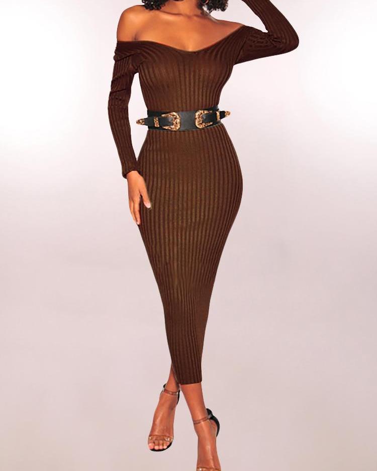 

Off Shoulder Long Sleeve Pencil Dress, Coffee