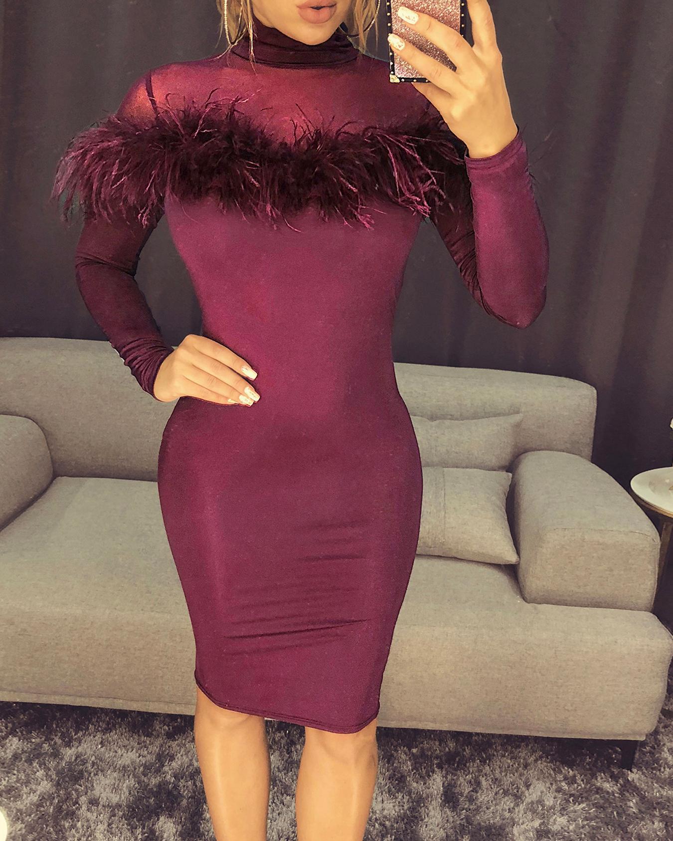 

Feather Embellished Long Sleeve Party Dress, Dark purple