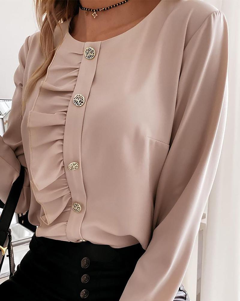 

Button Design Ruffles Long Sleeve Top, Pink