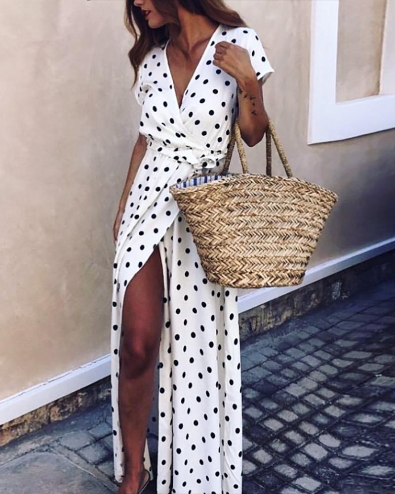 

Dots Print Thigh Slit Maxi Dress