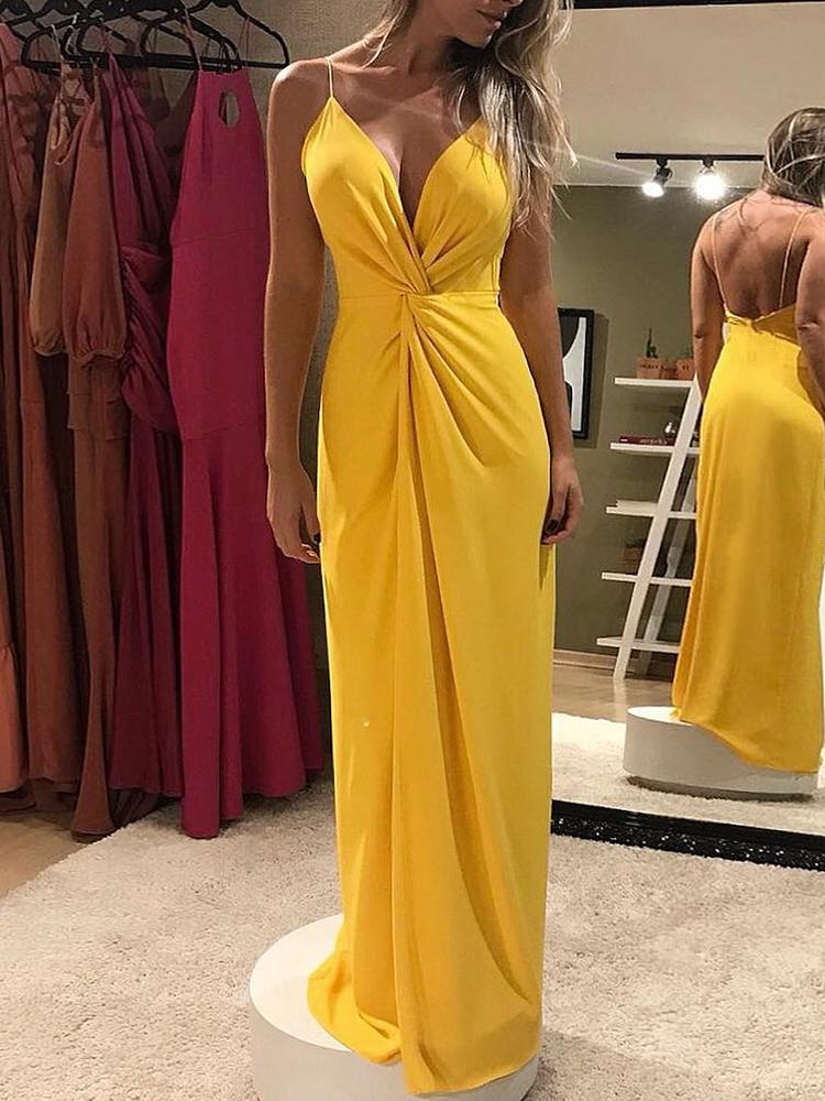 

Solid Twist Front Open Back Evening Dress, Yellow