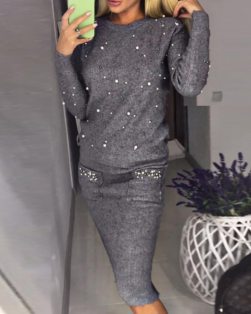 

Beaded Top & Pocket Design Skirt Set, Dark grey