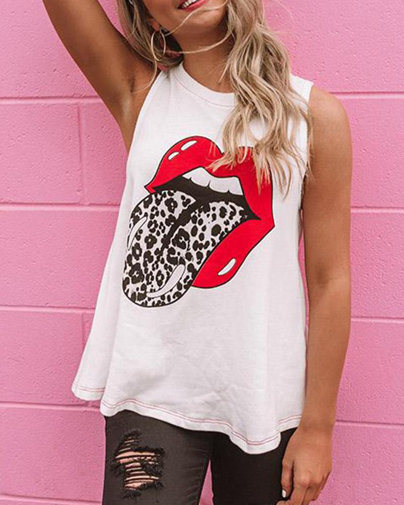 

Leopard Tongue Print Sleeveless Top, White