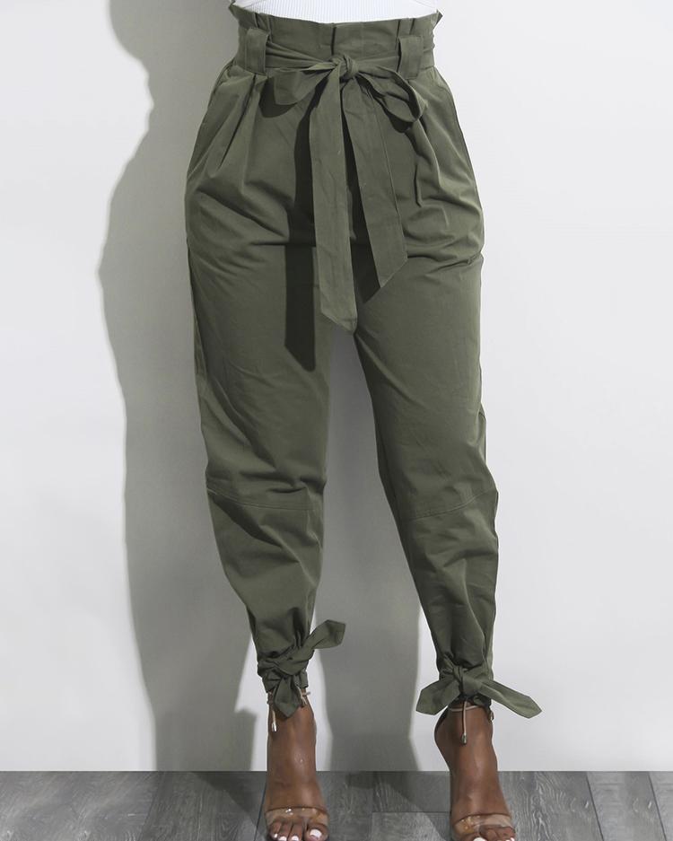 

Fashion Belted Ankle Tie High Waist Pants, Khaki;black;brown;army green