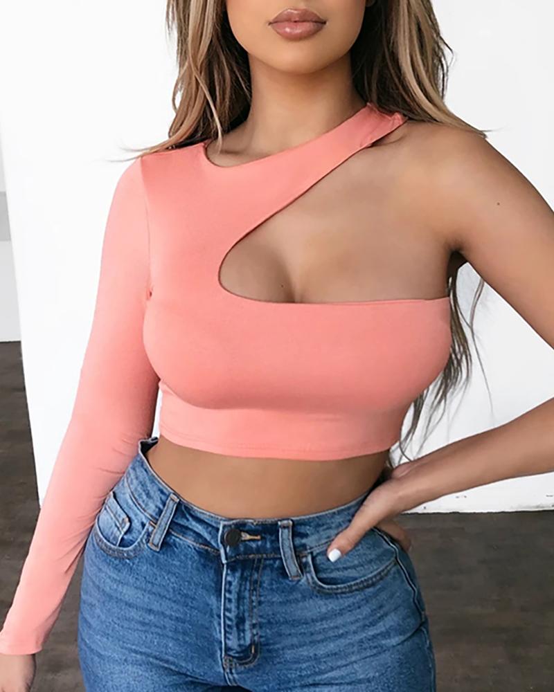 

Solid One Shoulder Long Sleeve T-shirt, Pink