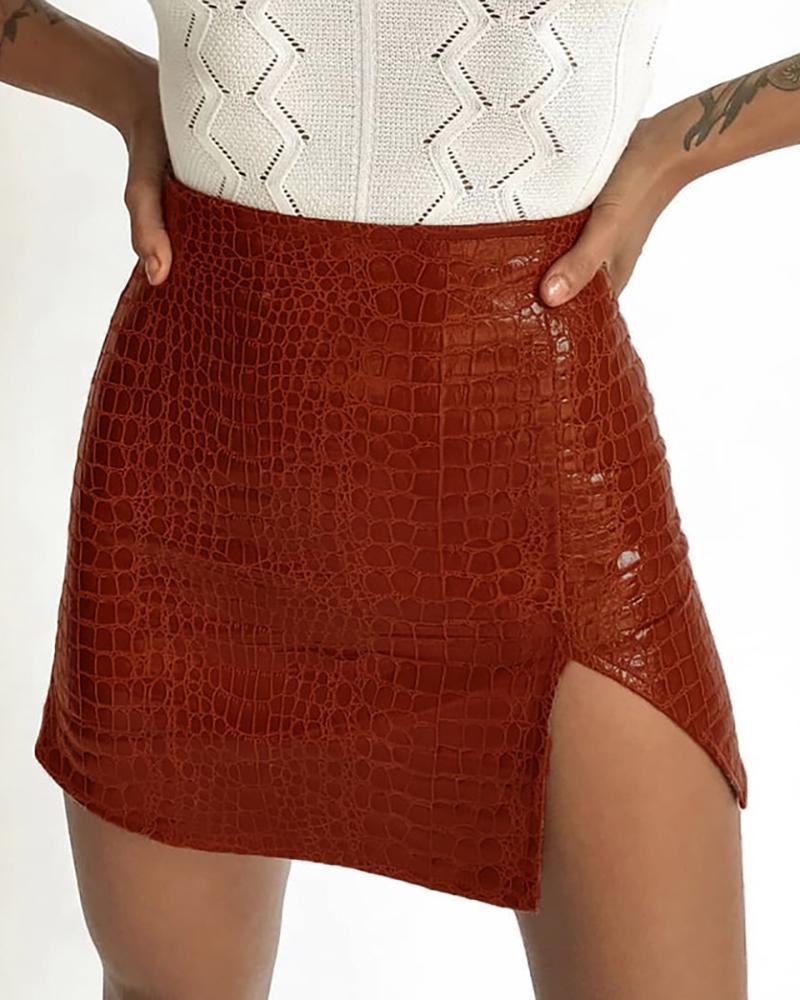 

Solid High Waist Slit PU Skirt, Brown