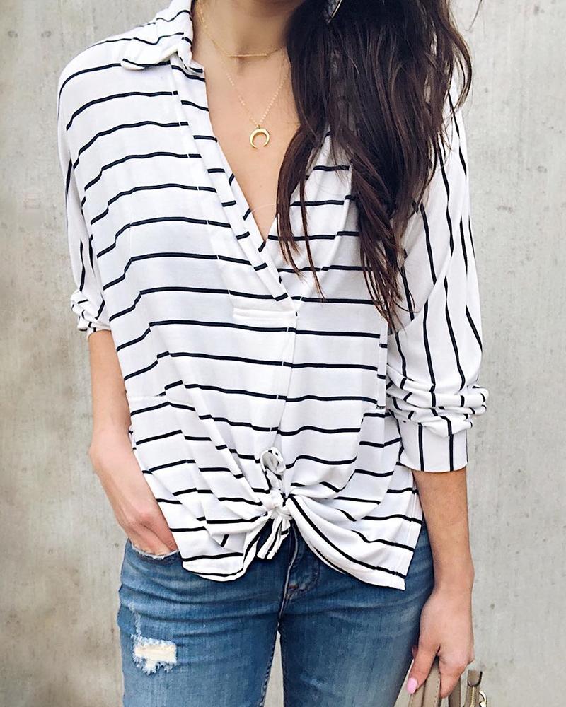 

Striped Knotted Design Side Slit Blouse, White