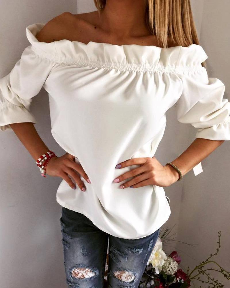 

Off Shoulder Frill Hem Casual T-shirt, White