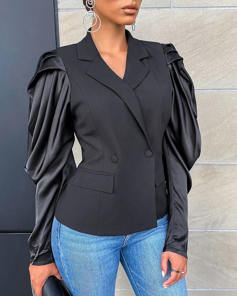 

Satin Ruched Double Breasted Blazer Coat, Black