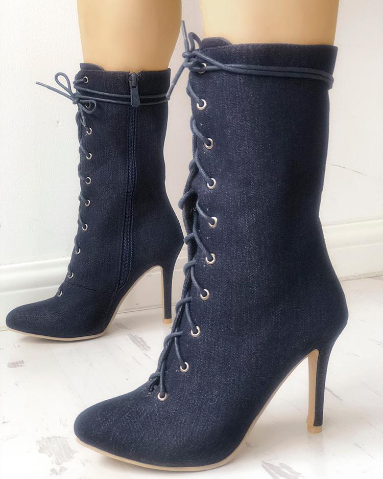 

Solid Lace-Up Eyelet Pointed Toe Heeled Boots, Dark blue